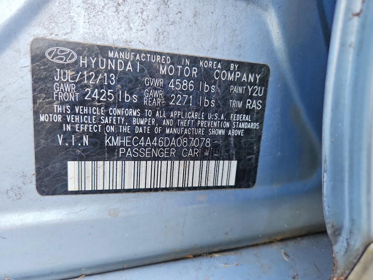 KMHEC4A46DA087078 · 2013 HYUNDAI SONATA · 12/12