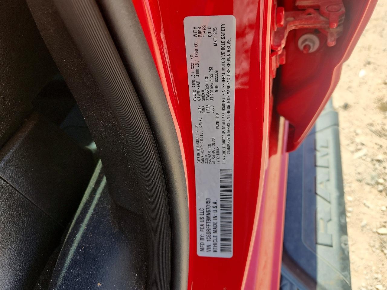 1C6SRFFT9MN670150 · 2021 RAM 1500 · 12/12