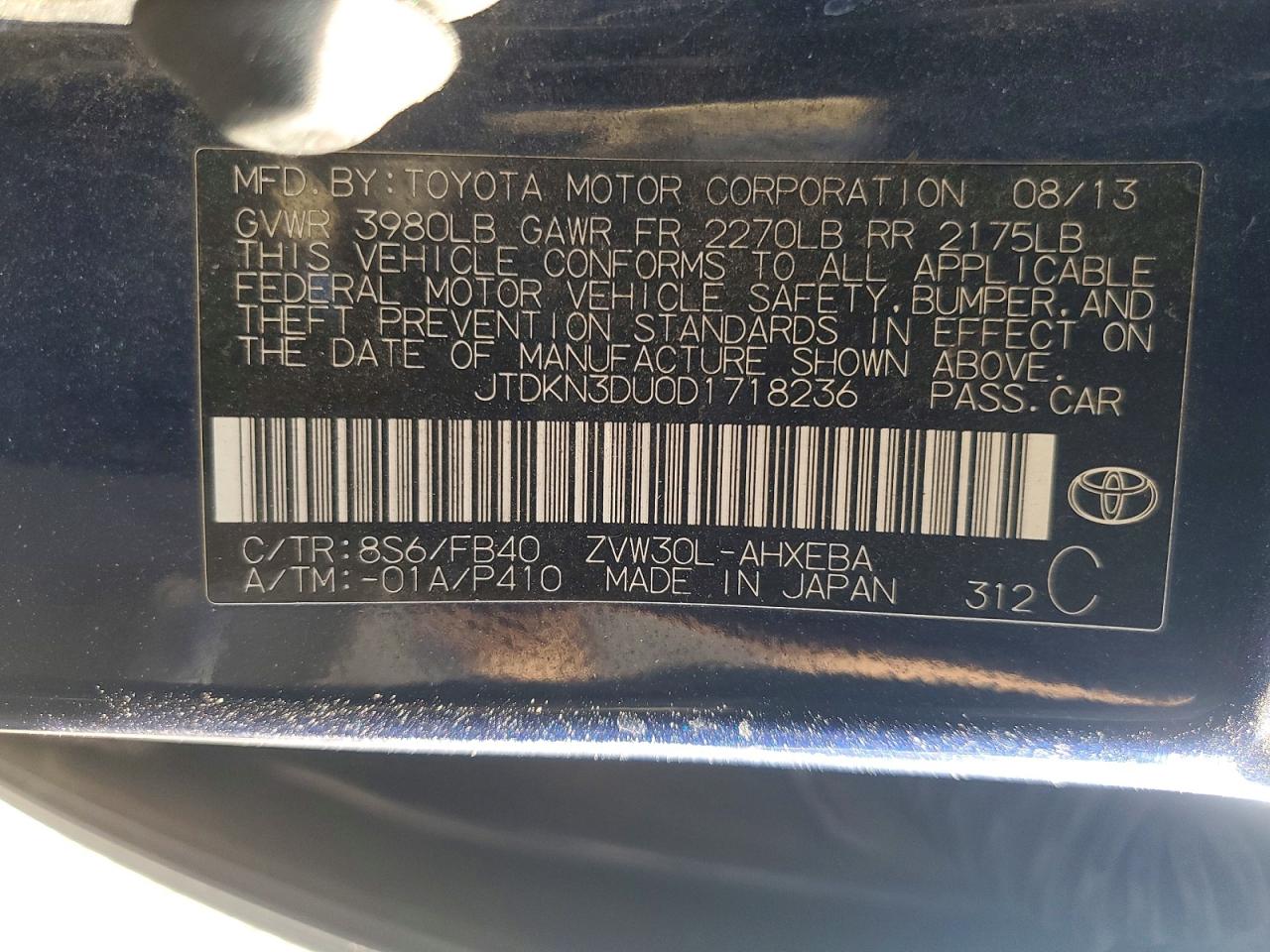 JTDKN3DU0D1718236 · 2013 TOYOTA PRIUS · 12/12