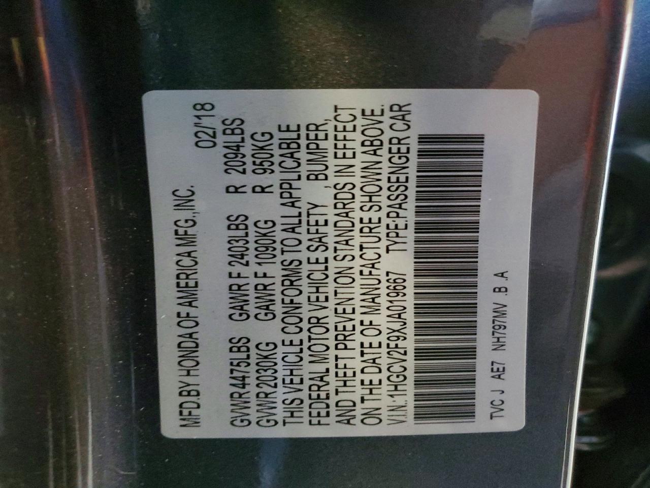 1HGCV2F9XJA019667 · 2018 HONDA ACCORD · 12/12