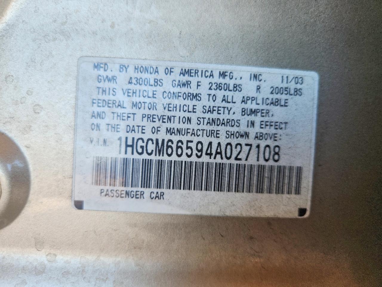 1HGCM66594A027108 · 2004 HONDA ACCORD · 12/12