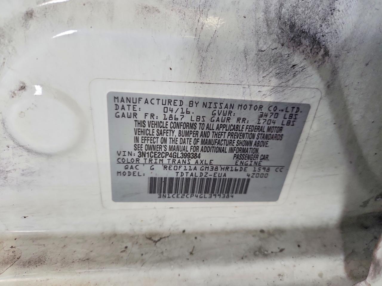 3N1CE2CP4GL399384 · 2016 NISSAN VERSA NOTE · 12/12