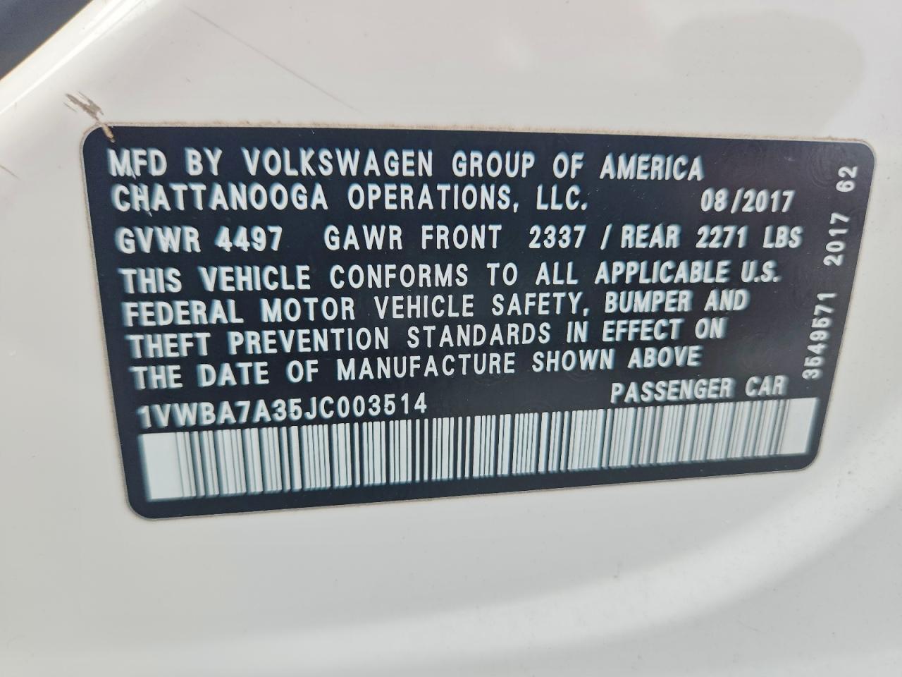 1VWBA7A35JC003514 · 2018 VOLKSWAGEN PASSAT · 12/12