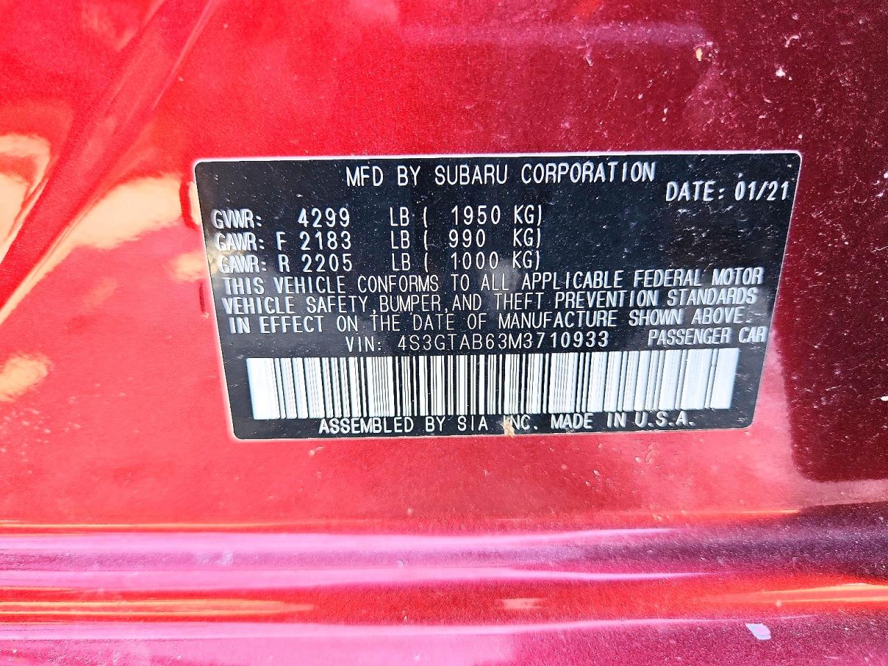 4S3GTAB63M3710933 · 2021 SUBARU IMPREZA · 12/12