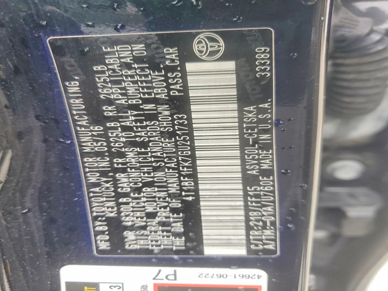 4T1BF1FK7GU251733 · 2016 TOYOTA CAMRY · 12/12