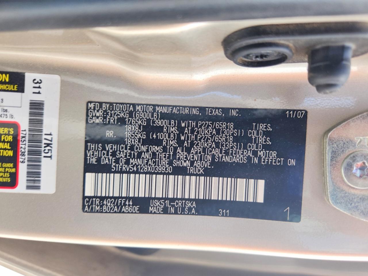 5TFRV54128X039930 · 2008 TOYOTA TUNDRA · 12/12