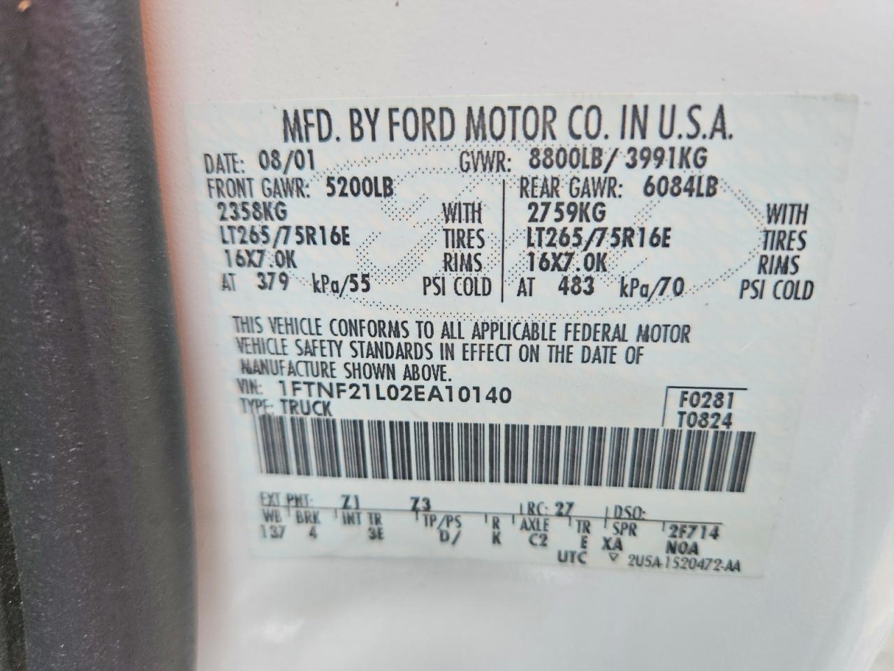 1FTNF21L02EA10140 · 2002 FORD F250 · 12/12