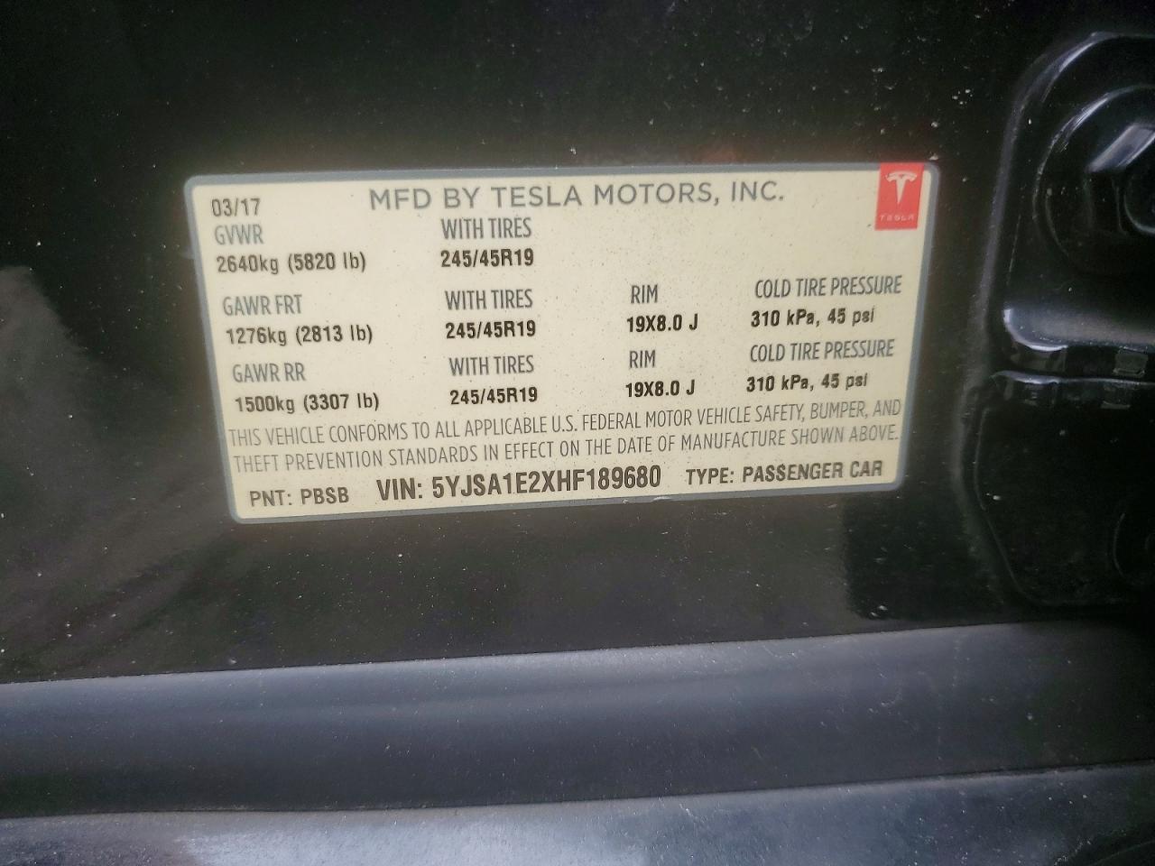 5YJSA1E2XHF189680 · 2017 TESLA MODEL S · 12/12