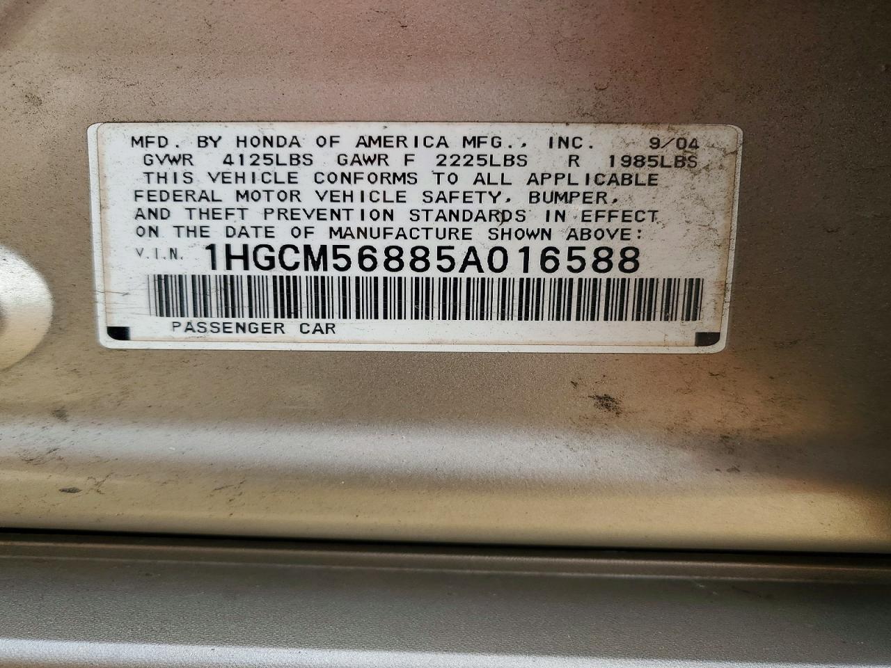 1HGCM56885A016588 · 2005 HONDA ACCORD · 12/12