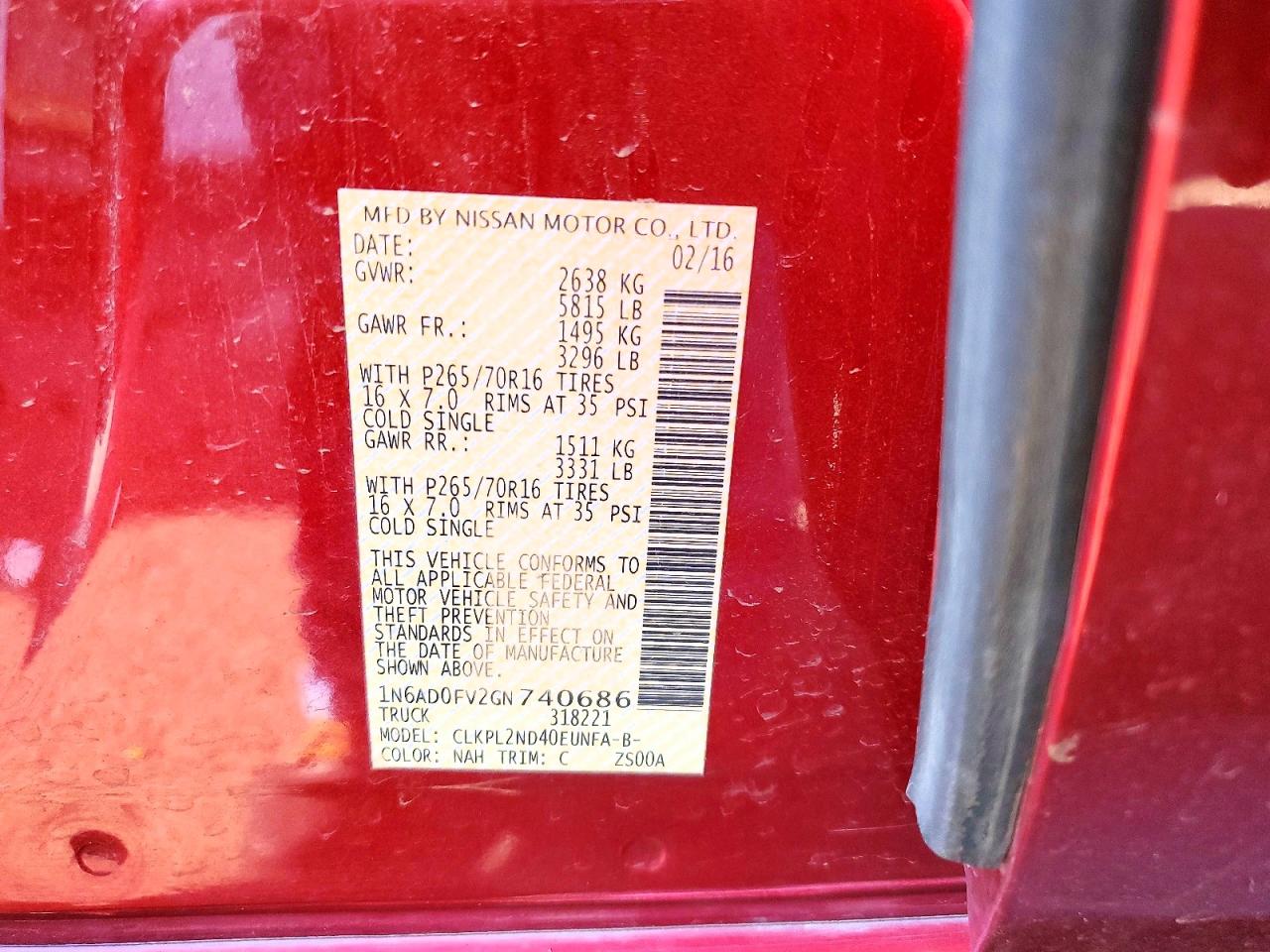 1N6AD0FV2GN740686 · 2016 NISSAN FRONTIER · 12/12