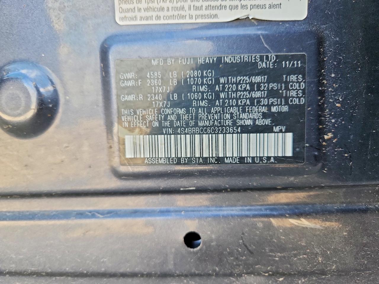 4S4BRBCC6C3233654 · 2012 SUBARU OUTBACK · 12/12
