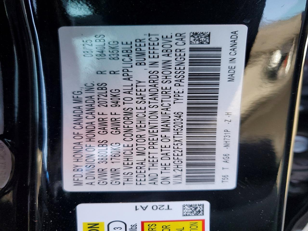 2HGFE2F5XTH520346 · 2026 HONDA CIVIC · 12/12