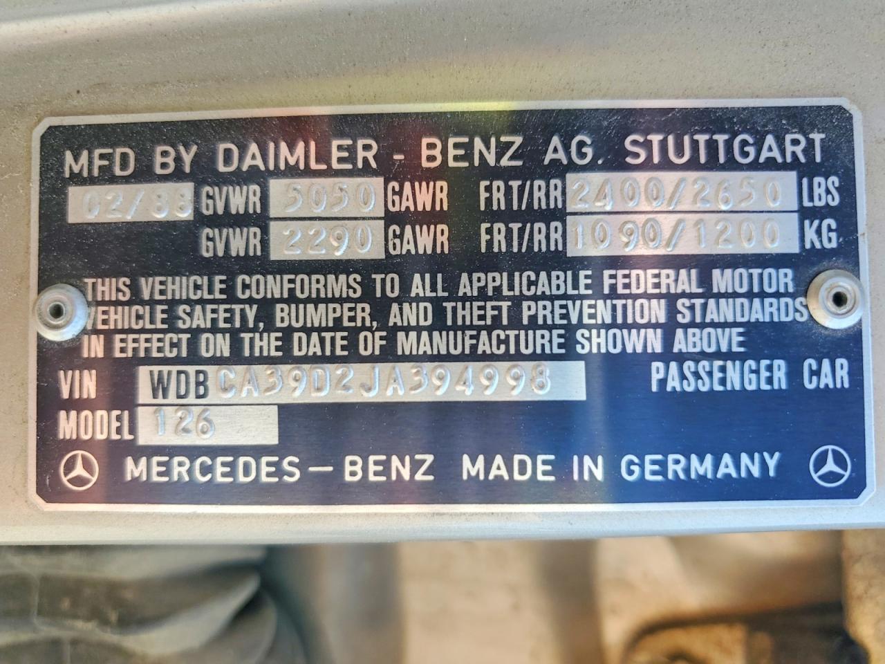 WDBCA39D2JA394998 · 1988 MERCEDES-BENZ 560 · 12/12