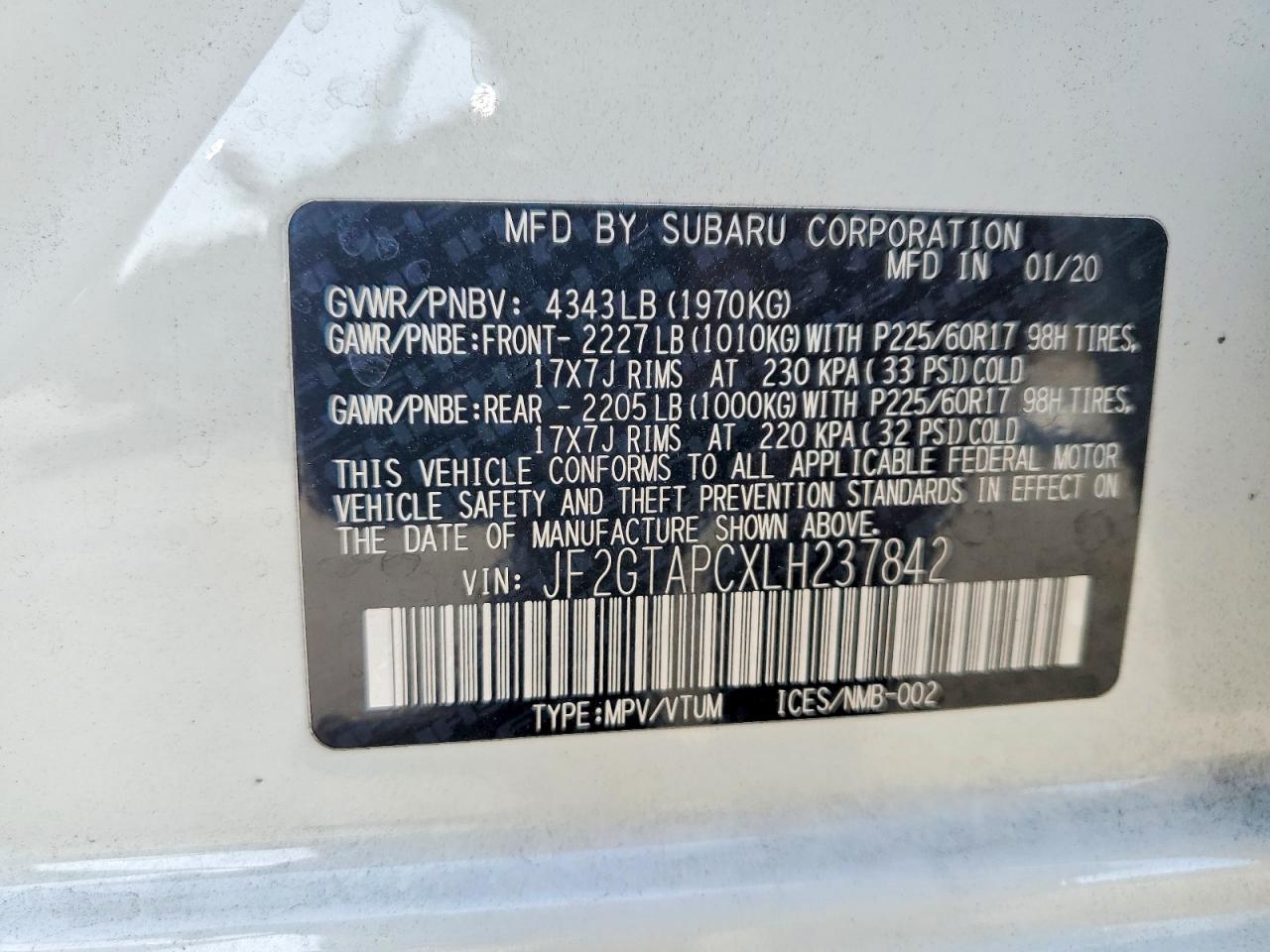 JF2GTAPCXLH237842 · 2020 SUBARU CROSSTREK · 12/12