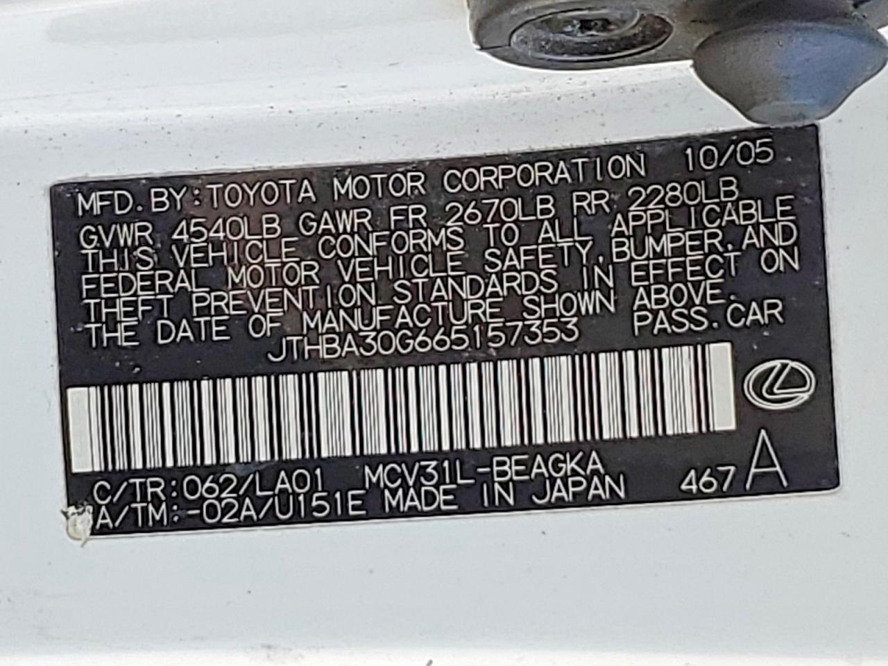 JTHBA30G665157353 · 2006 LEXUS ES · 12/12