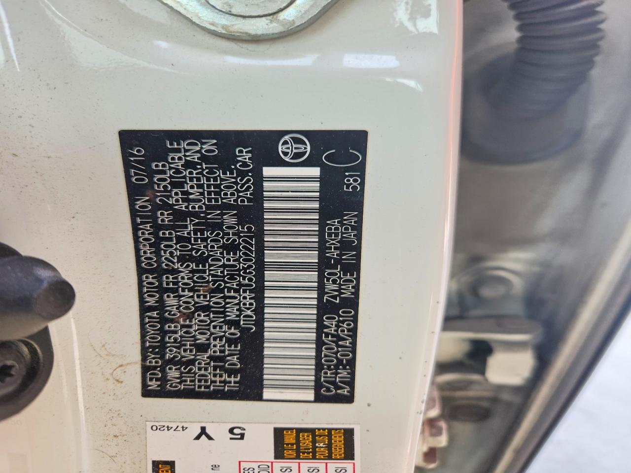 JTDKBRFU5G3022215 · 2016 TOYOTA PRIUS · 12/12