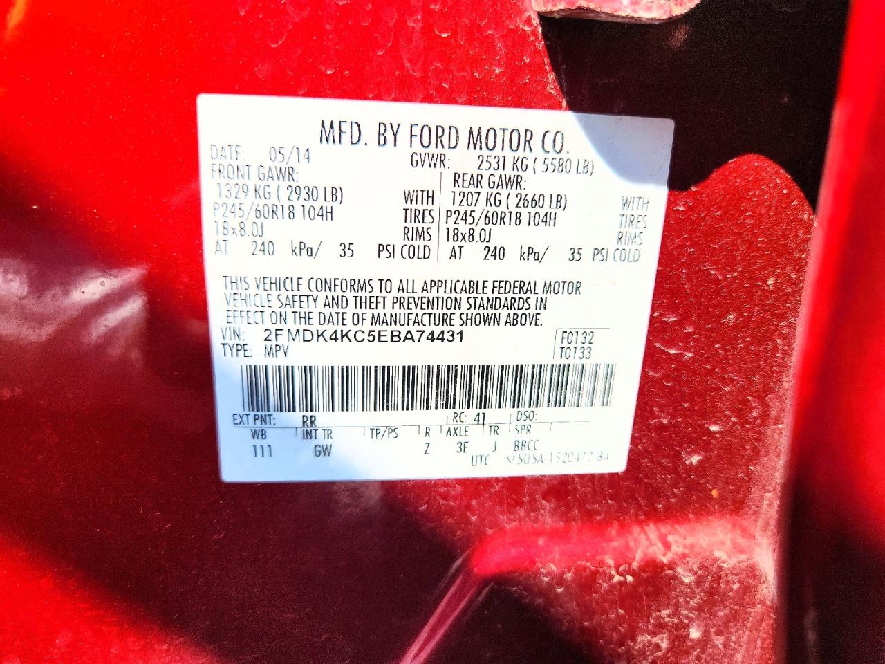 2FMDK4KC5EBA74431 · 2014 FORD EDGE · 9/9
