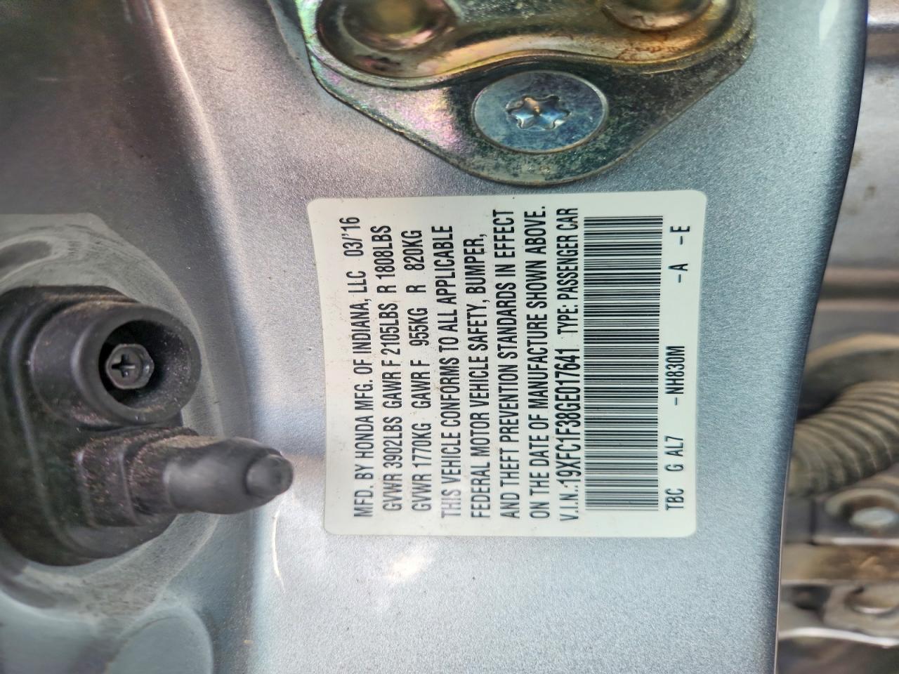 19XFC1F38GE017641 · 2016 HONDA CIVIC · 12/12
