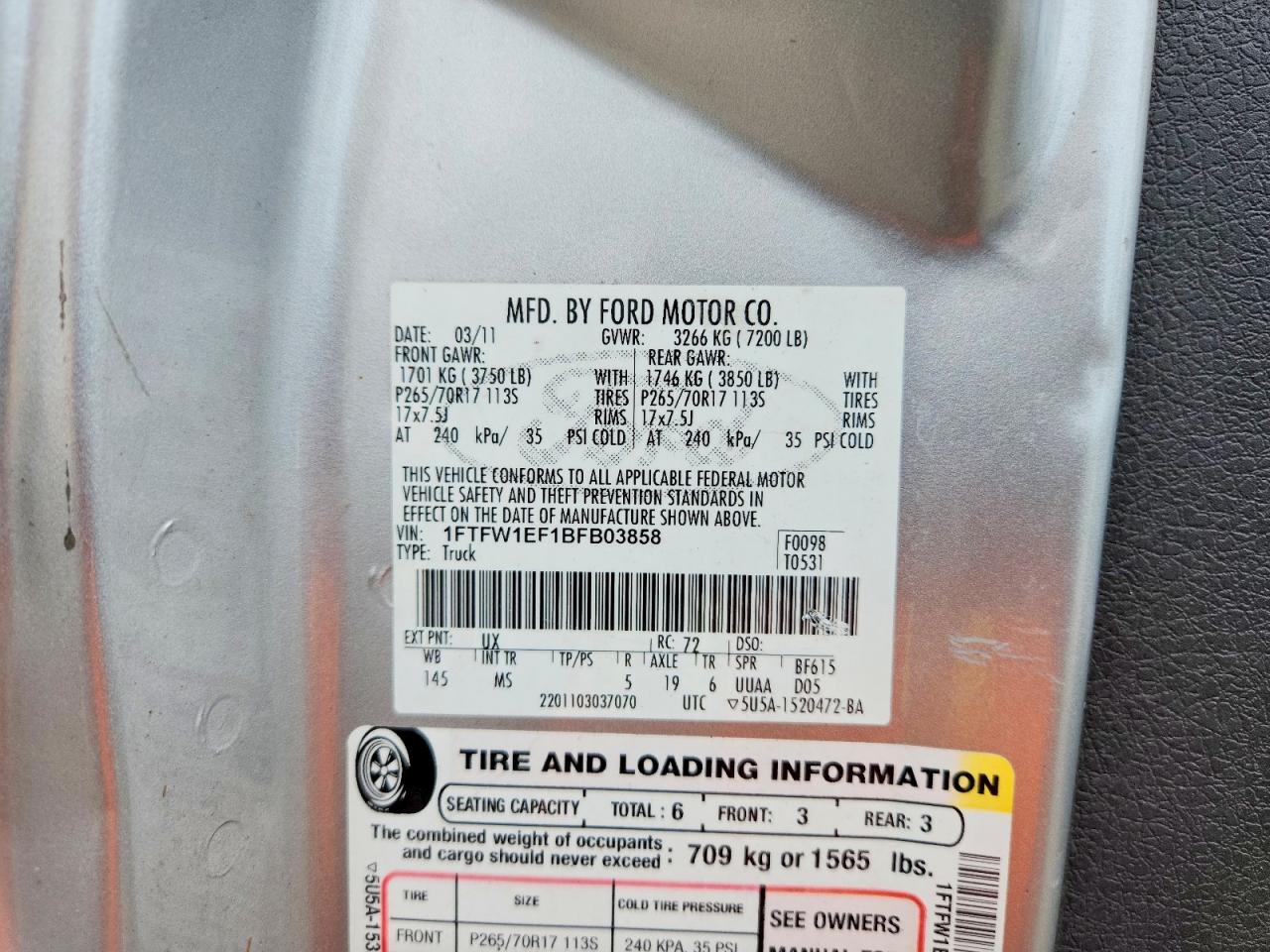 1FTFW1EF1BFB03858 · 2011 FORD F150 · 12/12