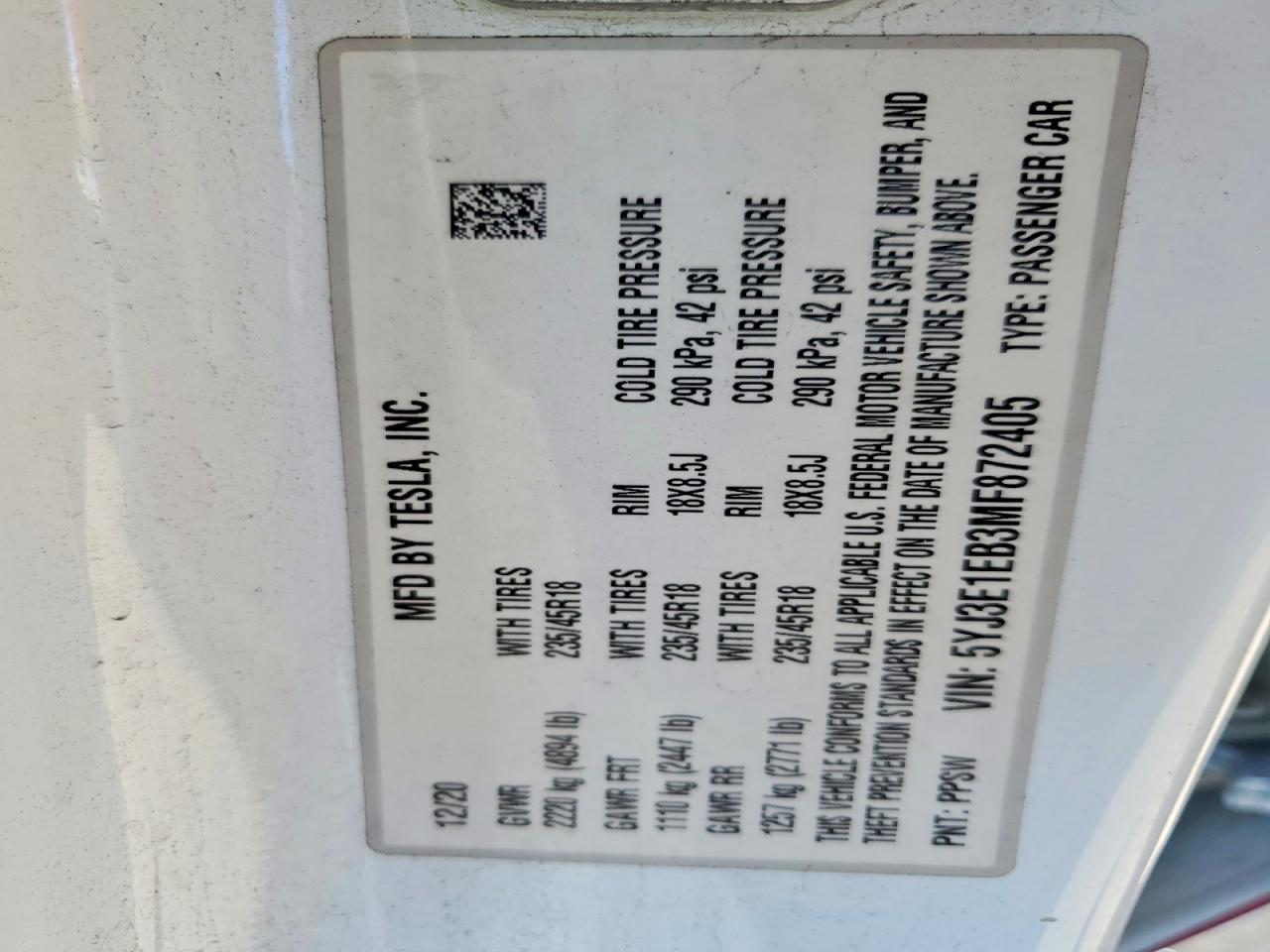 5YJ3E1EB3MF872405 · 2021 TESLA MODEL 3 · 12/12