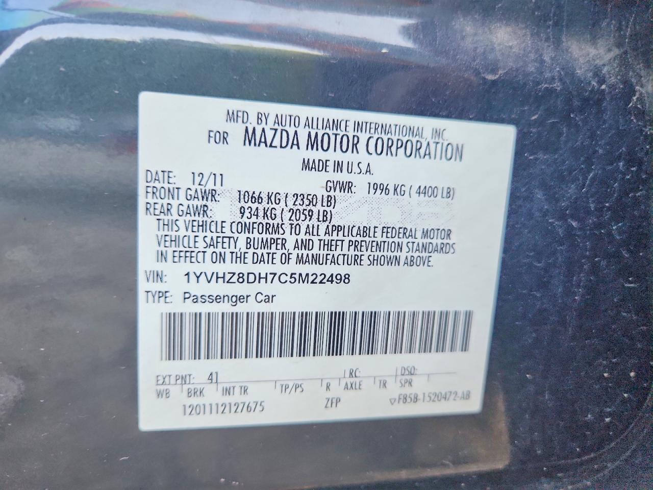 1YVHZ8DH7C5M22498 · 2012 MAZDA 6 · 12/12