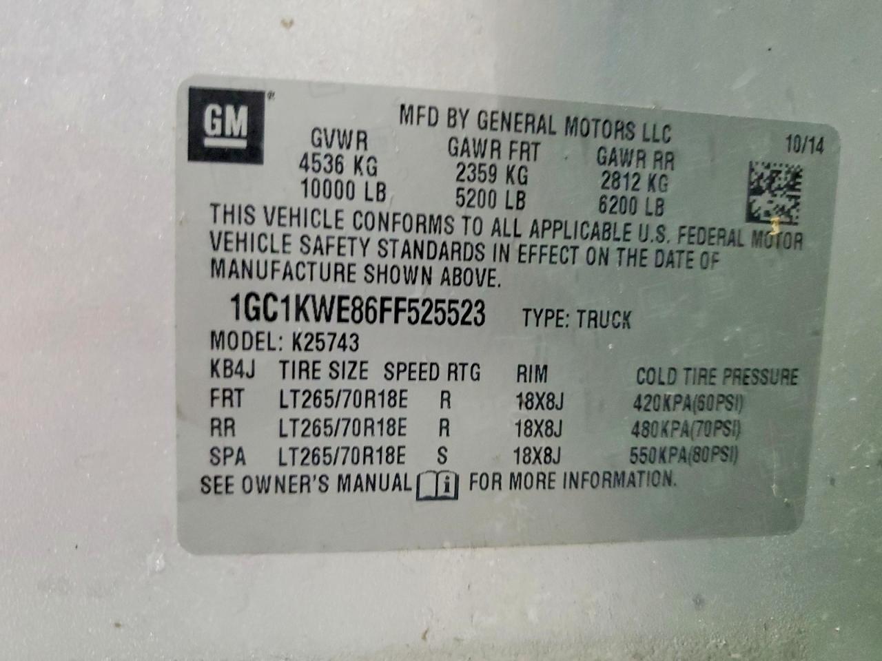 1GC1KWE86FF525523 · 2015 CHEVROLET SILVERADO · 12/12