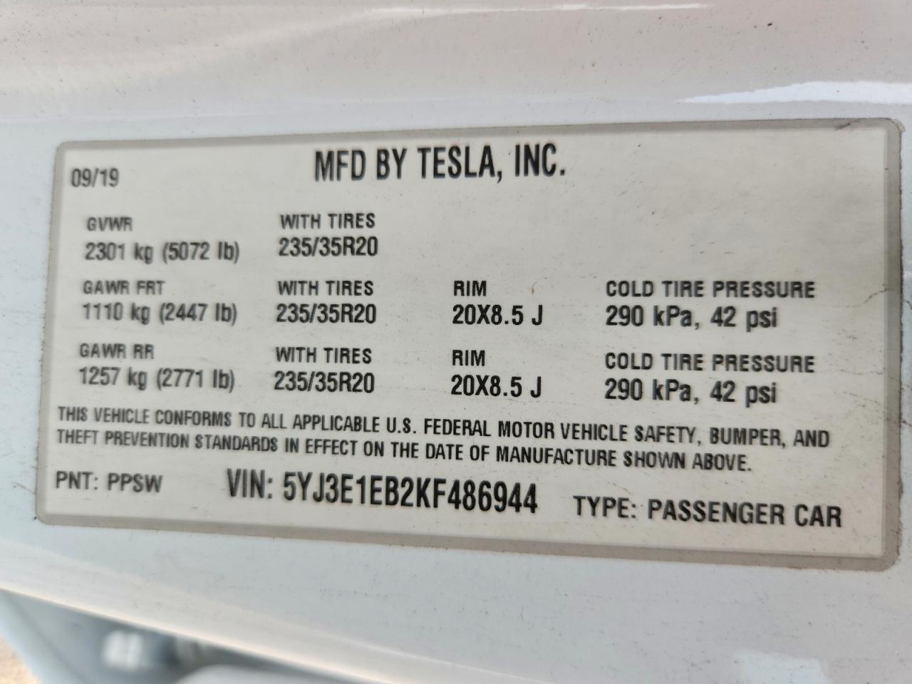 5YJ3E1EB2KF486944 · 2019 TESLA MODEL 3 · 12/12