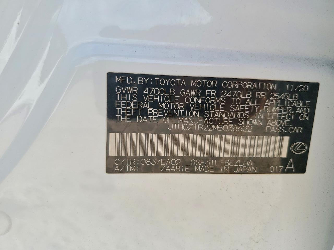 JTHGZ1B22M5038622 · 2021 LEXUS IS · 12/12