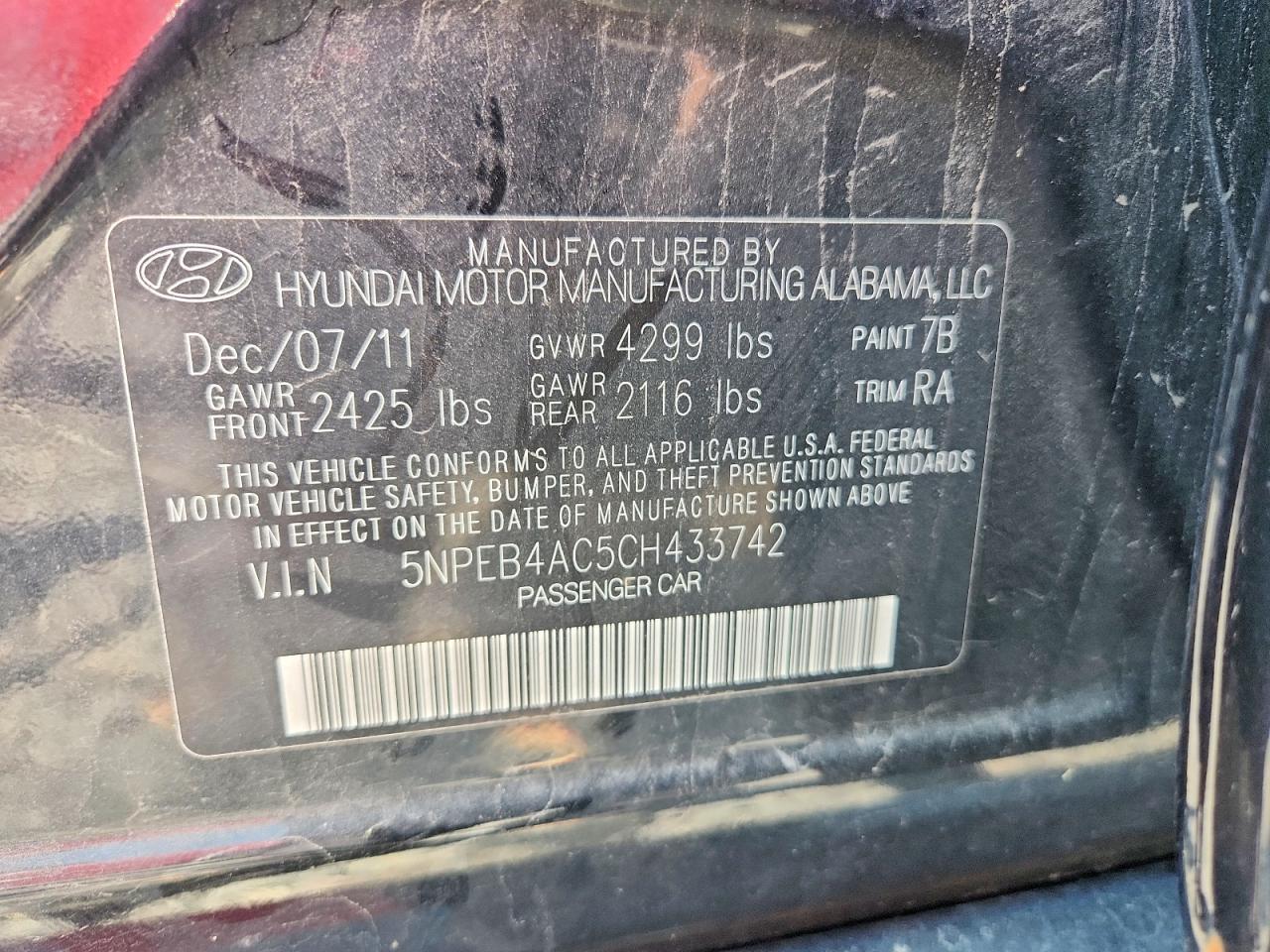 5NPEB4AC5CH433742 · 2012 HYUNDAI SONATA · 12/12