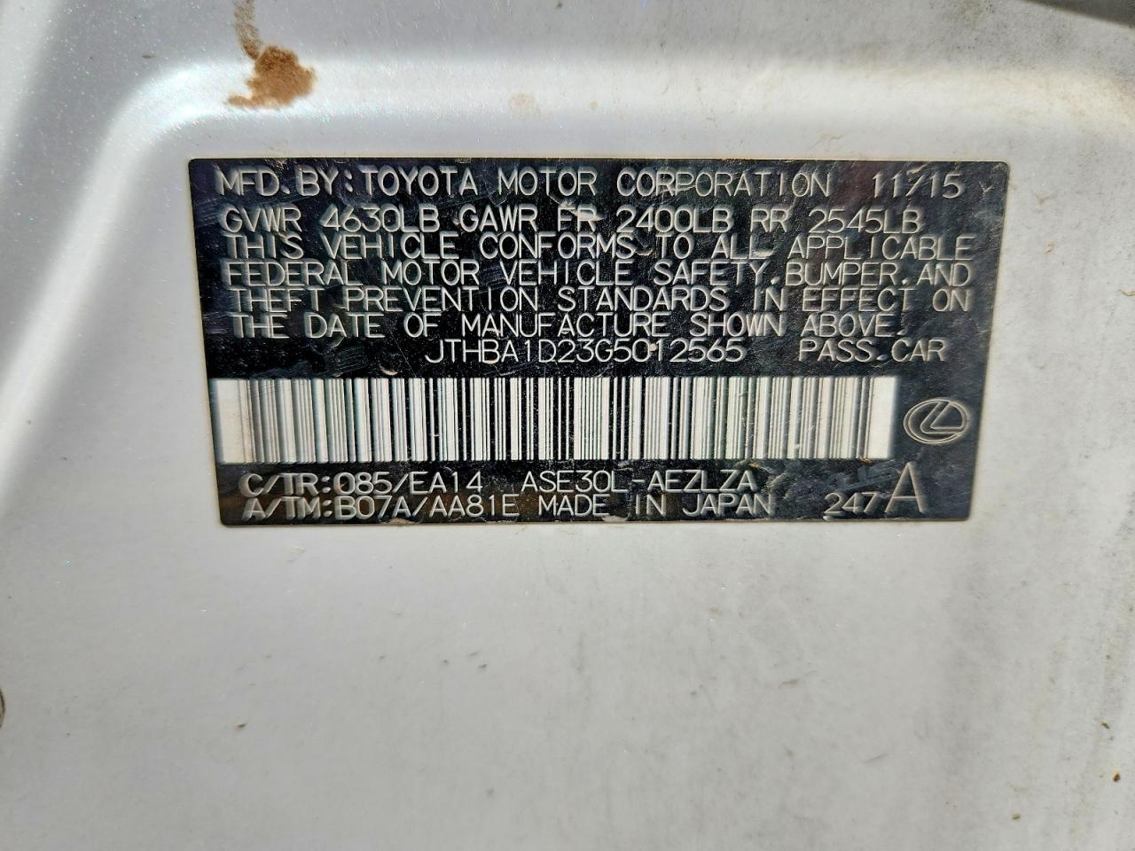 JTHBA1D23G5012565 · 2016 LEXUS IS · 12/12