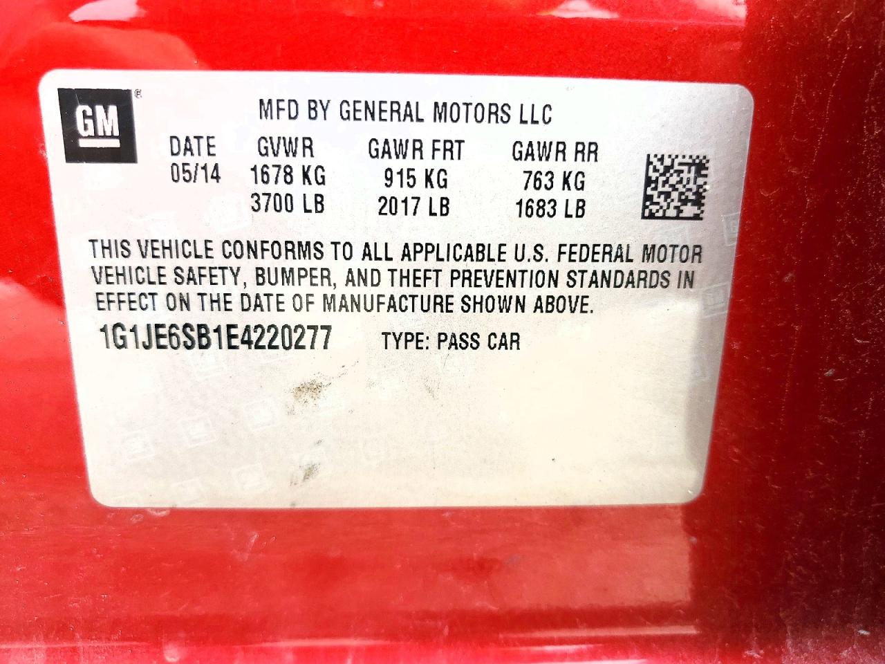 1G1JE6SB1E4220277 · 2014 CHEVROLET SONIC · 12/12