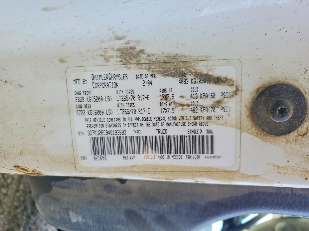3D7KU28C94G193683 · 2004 DODGE RAM 2500 · 12/12
