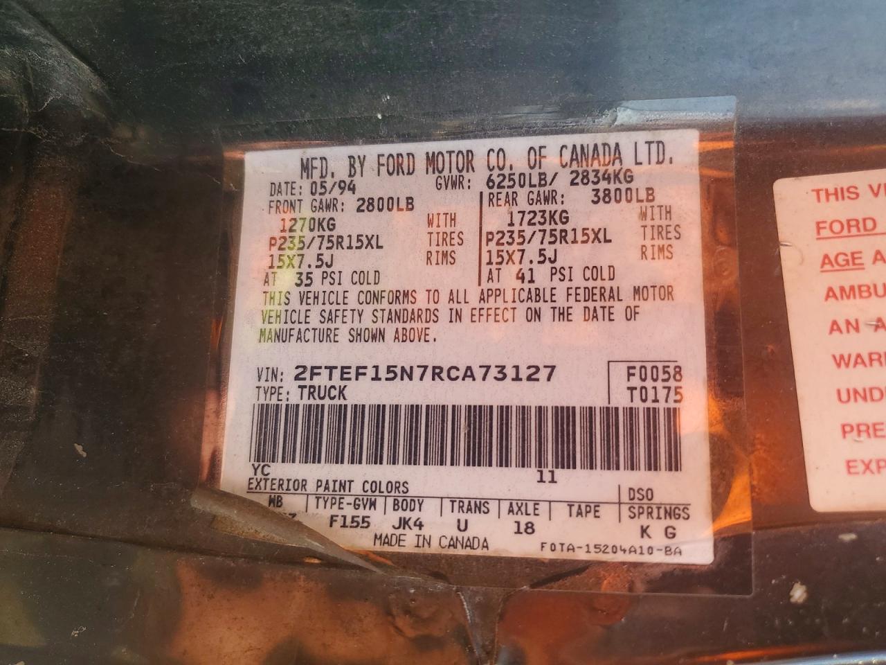 2FTEF15N7RCA73127 · 1994 FORD F150 · 12/12