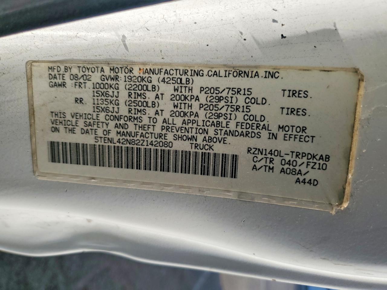 5TENL42N82Z142080 · 2002 TOYOTA TACOMA · 12/12