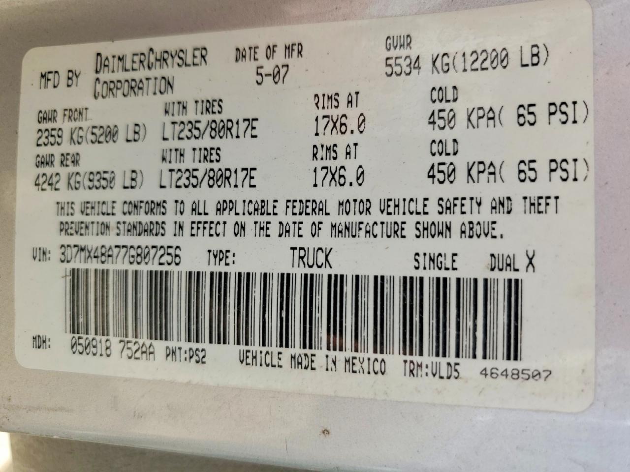 3D7MX48A77G807256 · 2007 DODGE RAM 3500 · 12/12