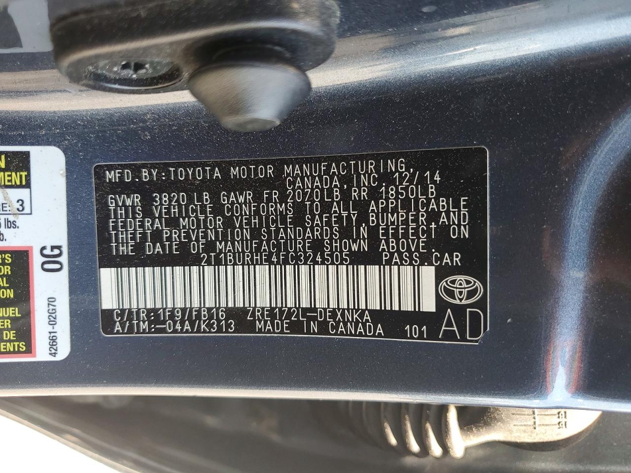 2T1BURHE4FC324505 · 2015 TOYOTA COROLLA · 12/12