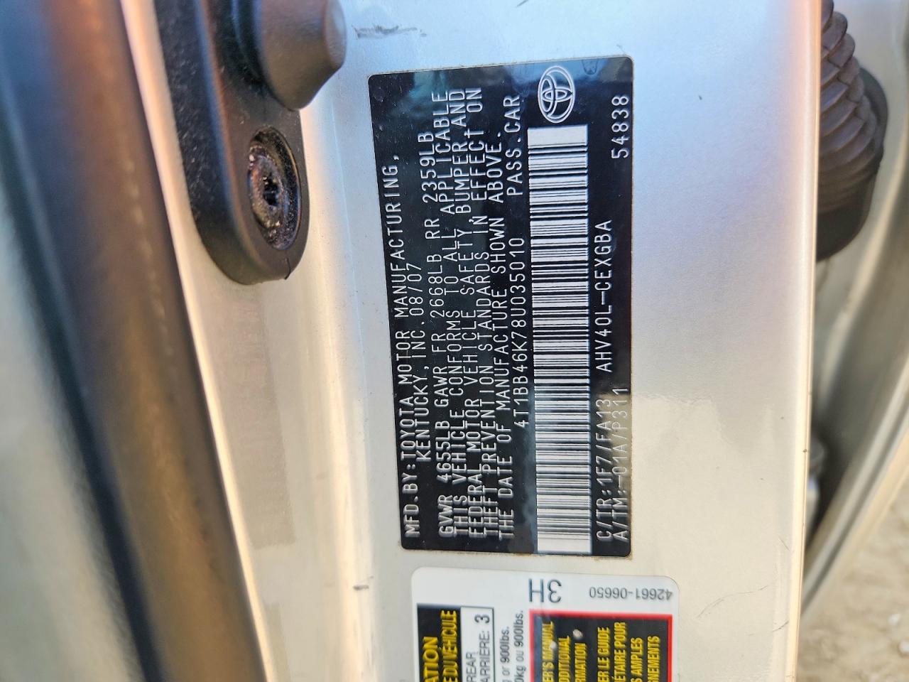 4T1BB46K78U035010 · 2008 TOYOTA CAMRY · 12/12
