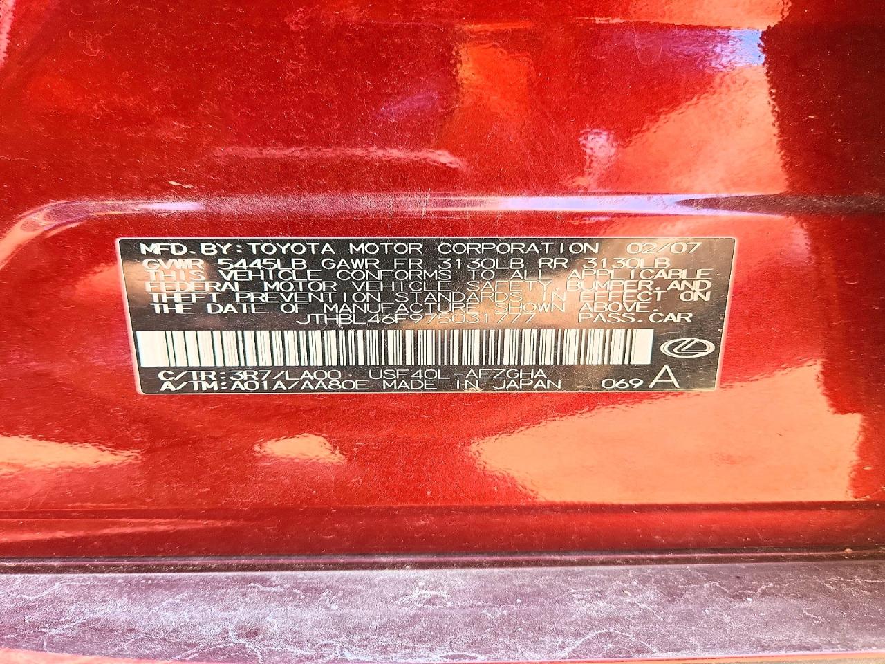 JTHBL46F975031777 · 2007 LEXUS LS · 12/12