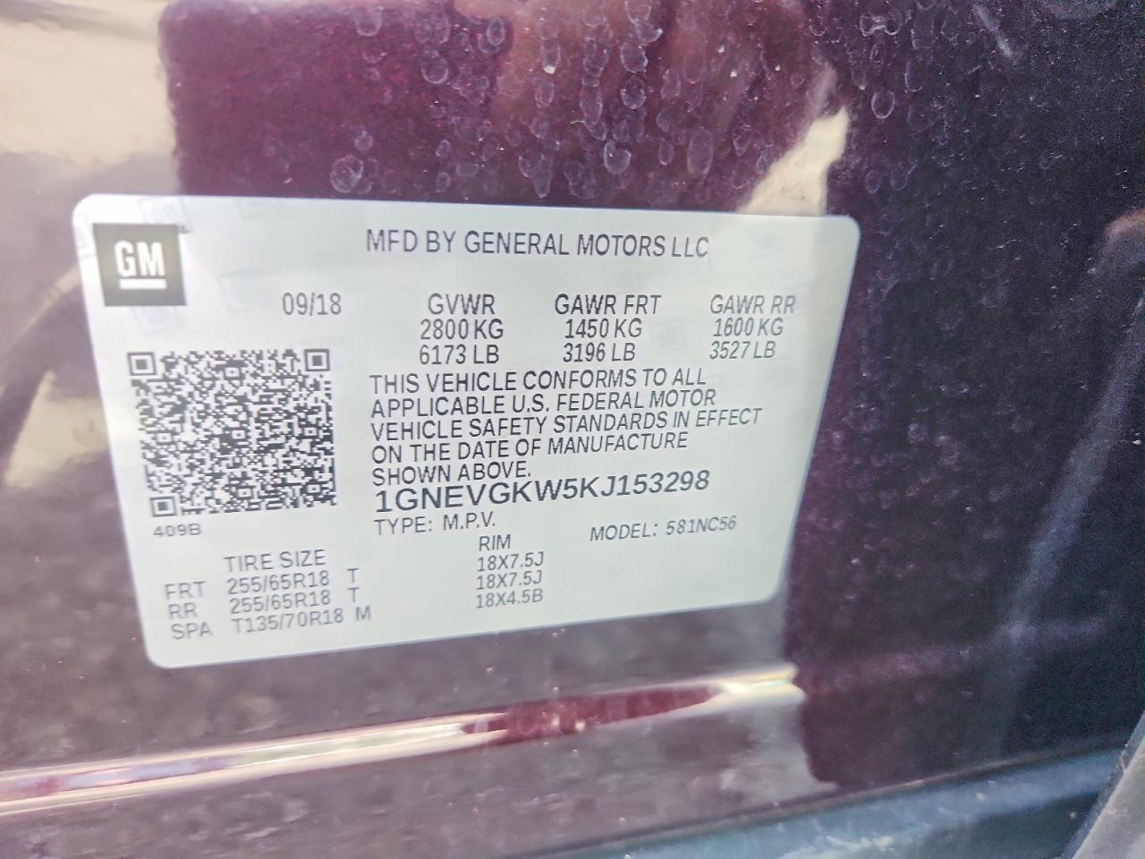 1GNEVGKW5KJ153298 · 2019 CHEVROLET TRAVERSE · 12/12