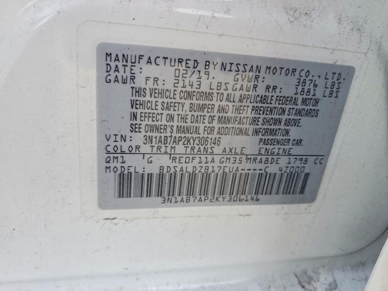 3N1AB7AP2KY306146 · 2019 NISSAN SENTRA · 12/12