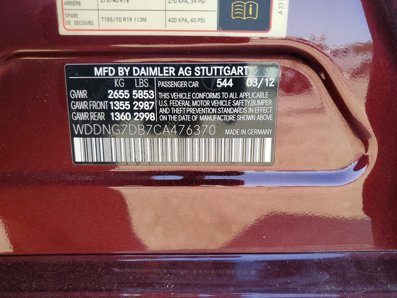 WDDNG7DB7CA476370 · 2012 MERCEDES-BENZ S · 12/12