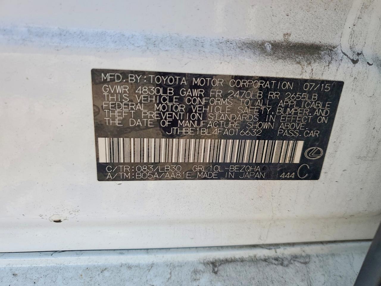 JTHBE1BL4FA016632 · 2015 LEXUS GS · 12/12