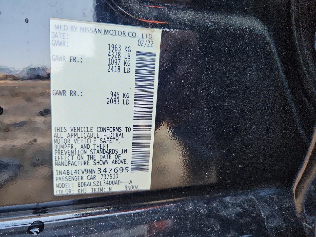 1N4BL4CV9NN347695 · 2022 NISSAN ALTIMA · 12/12