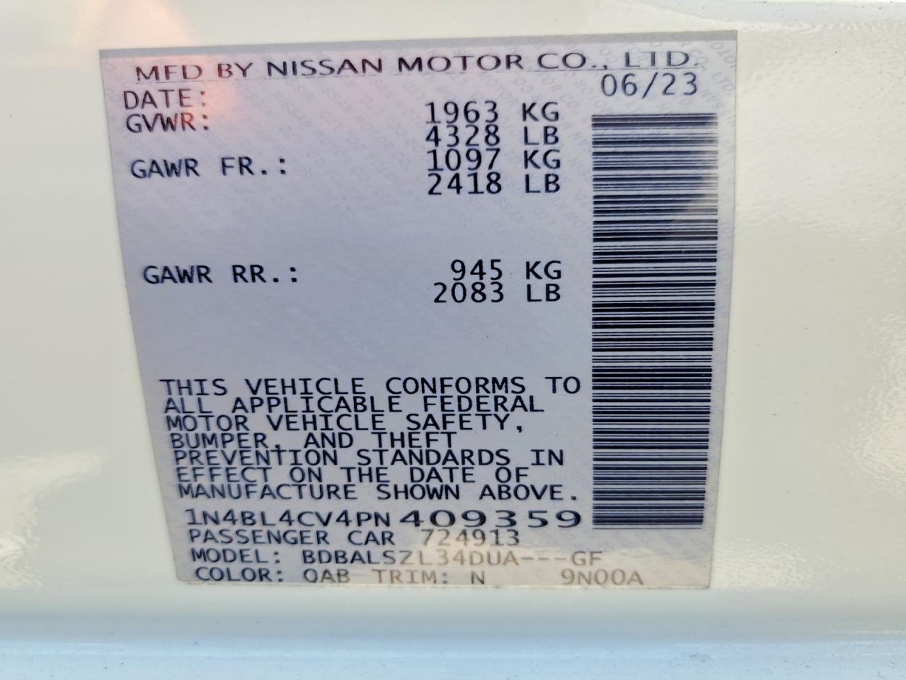 1N4BL4CV4PN409359 · 2023 NISSAN ALTIMA · 12/12