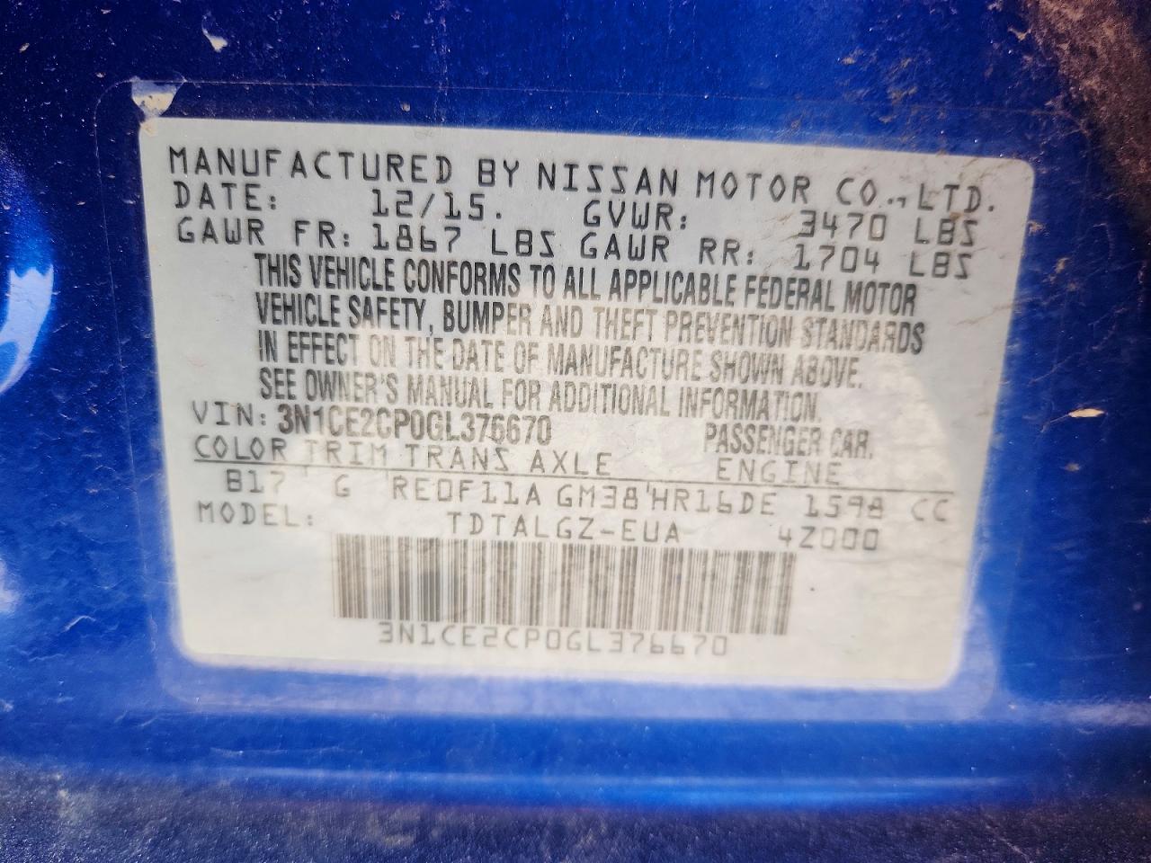 3N1CE2CP0GL376670 · 2016 NISSAN VERSA NOTE · 12/12