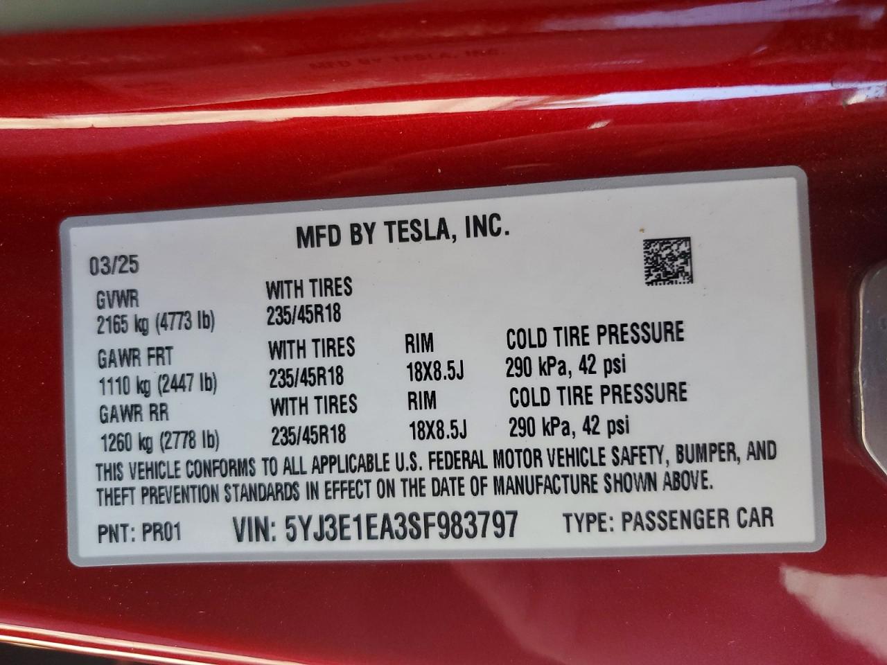 5YJ3E1EA3SF983797 · 2025 TESLA MODEL 3 · 12/12