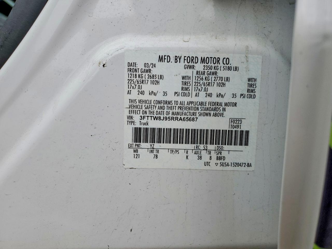 3FTTW8J95RRA65687 · 2024 FORD MAVERICK · 12/12