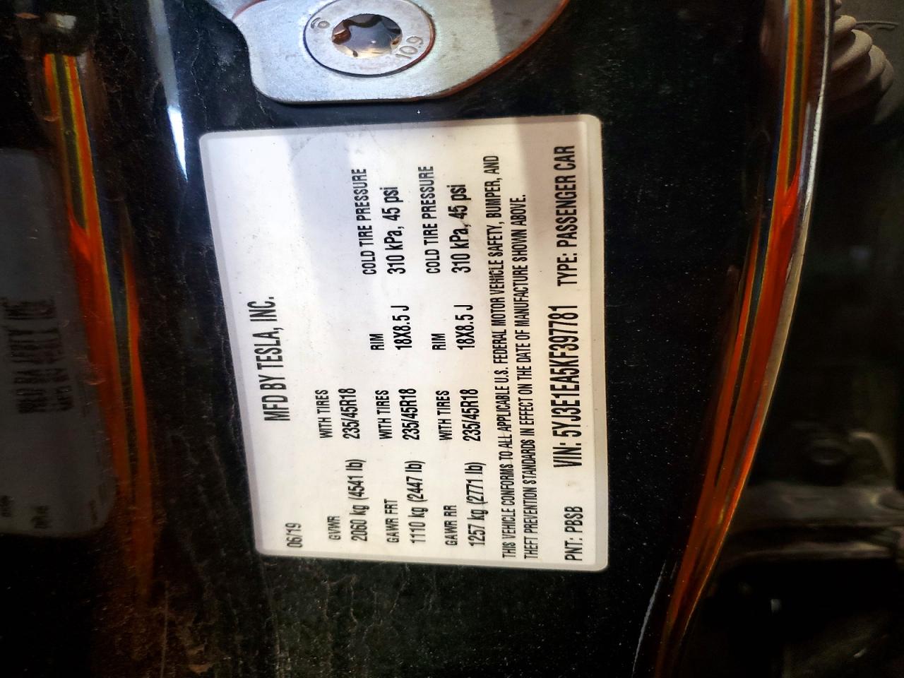 5YJ3E1EA5KF397781 · 2019 TESLA MODEL 3 · 12/12