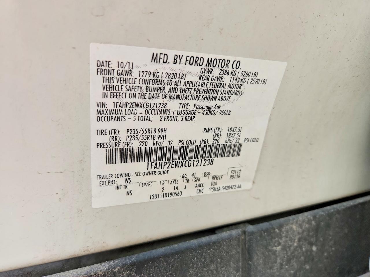 1FAHP2EWXCG121238 · 2012 FORD TAURUS · 12/12