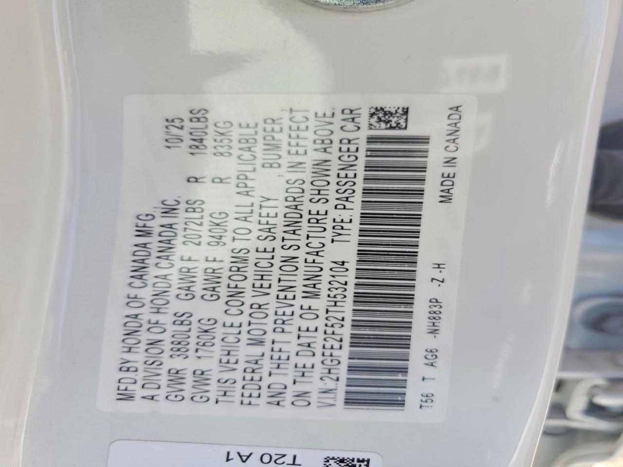 2HGFE2F52TH532104 · 2026 HONDA CIVIC · 12/12